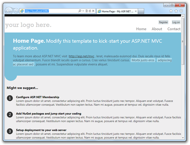 Captura de tela da exibição do navegador do modelo de projeto padrão.