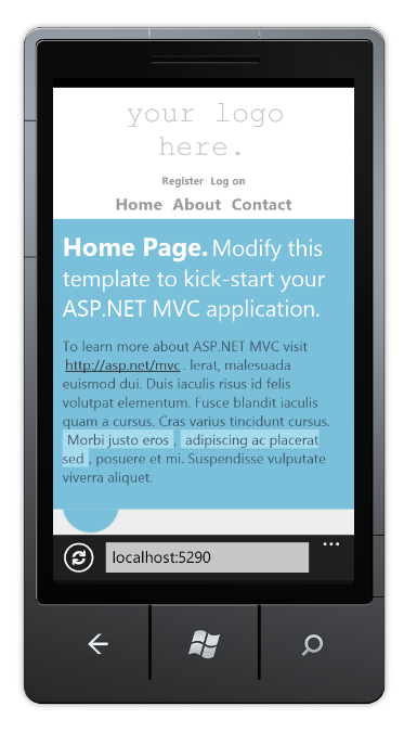 Captura de tela da exibição do navegador móvel do modelo de projeto padrão.