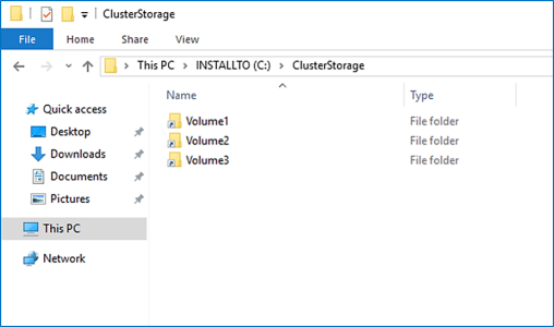 A captura de tela mostra uma janela do explorador de arquivos intitulada ClusterStorage que contém volumes chamados Volume1, Volume2 e Volume3.
