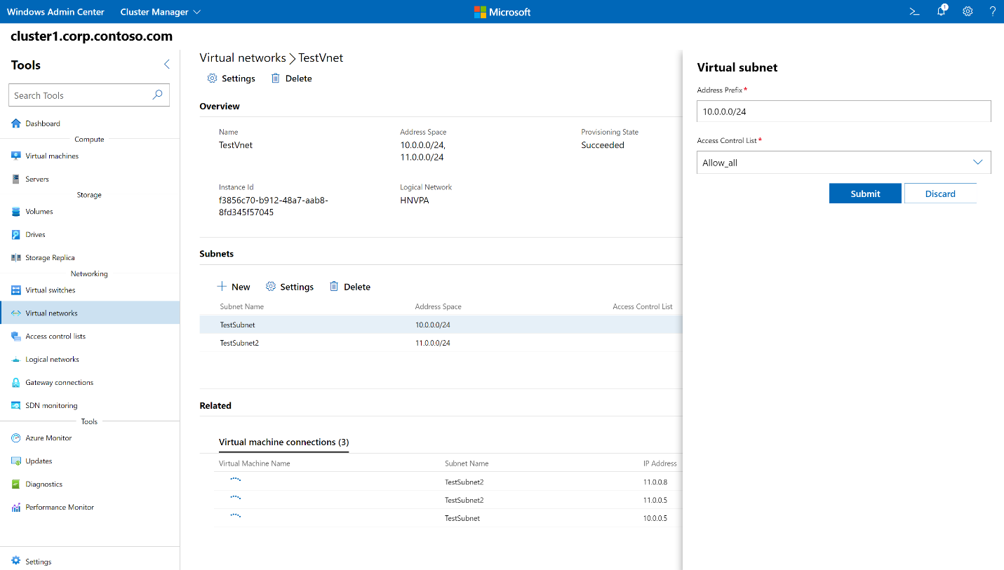 Screenshot of Windows Admin Center showing the Virtual subnet pane.