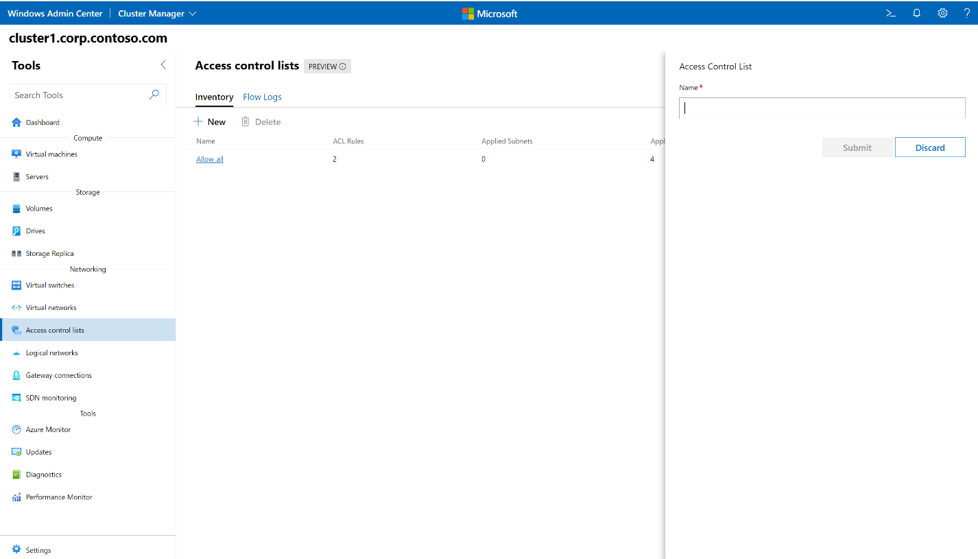 Screenshot of Windows Admin Center home screen showing the Access Control List Name box.