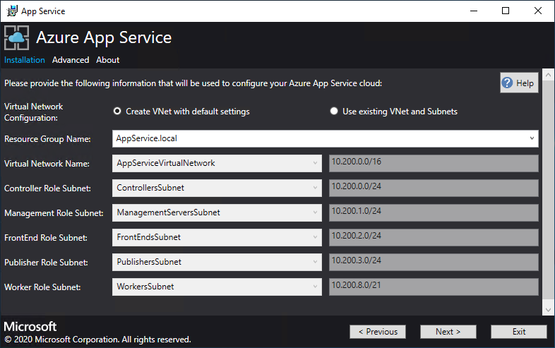 Captura de tela que mostra as telas em que você configura sua rede virtual no instalador do Serviço de Aplicativo.