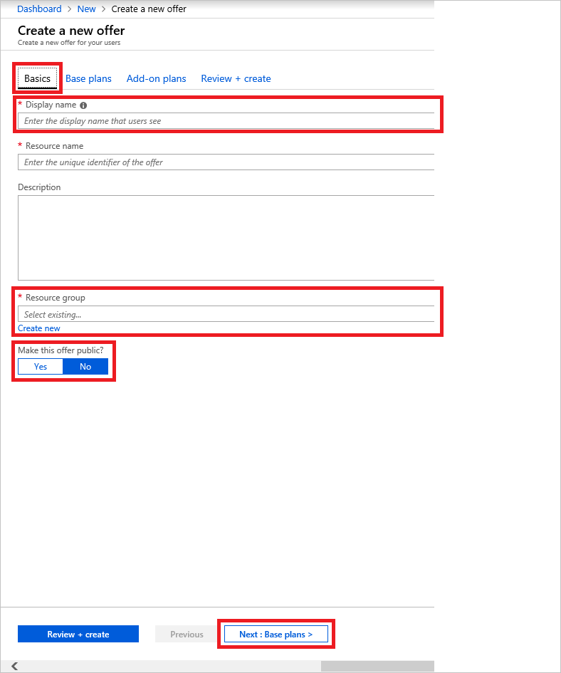 Captura de tela que mostra onde adicionar informações básicas sobre a nova oferta no Azure Stack Hub.