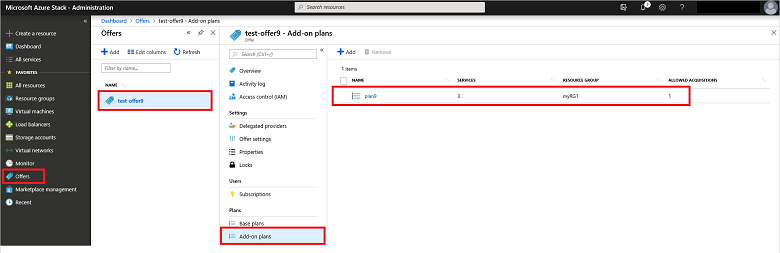 Captura de tela que mostra uma lista de planos de complemento a serem examinados no portal do administrador do Azure Stack.