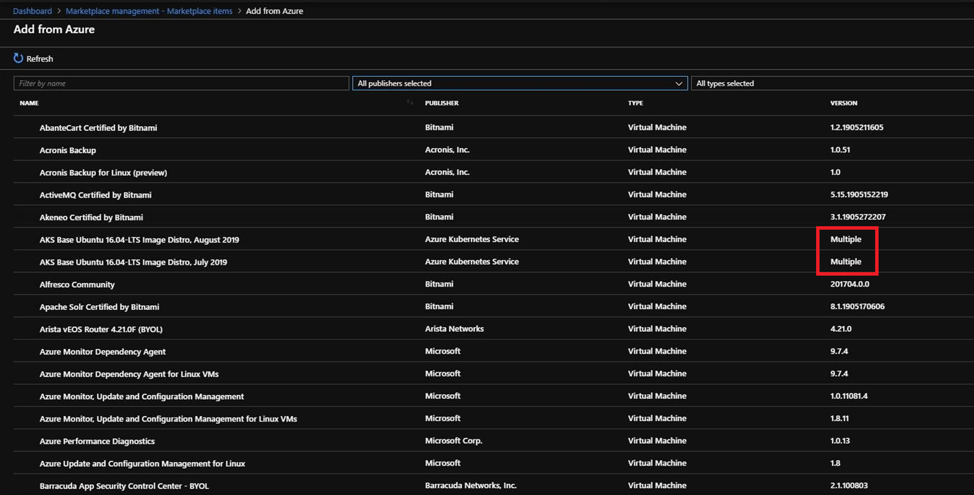 Captura de tela que mostra a página 'Adicionar do Azure' com entradas de versão 'Múltiplas' realçadas.