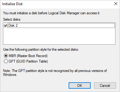 A caixa de diálogo Inicializar Disco mostra o Disco 2 marcado e o MBR (Registro mestre de inicialização) selecionado como o estilo de partição. Há um botão OK.