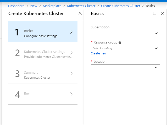 Captura de tela que mostra como adicionar informações básicas sobre o cluster do Kubernetes.