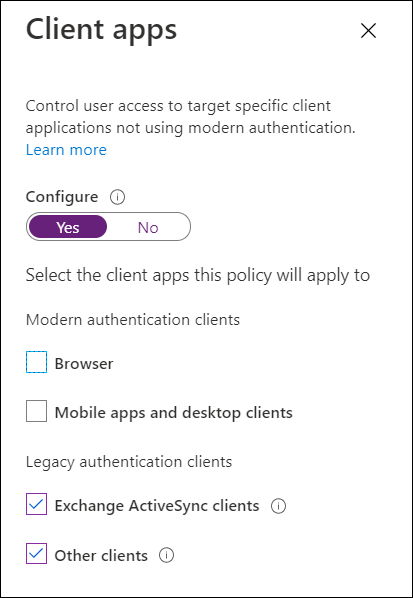 Client apps condition configured to block legacy auth