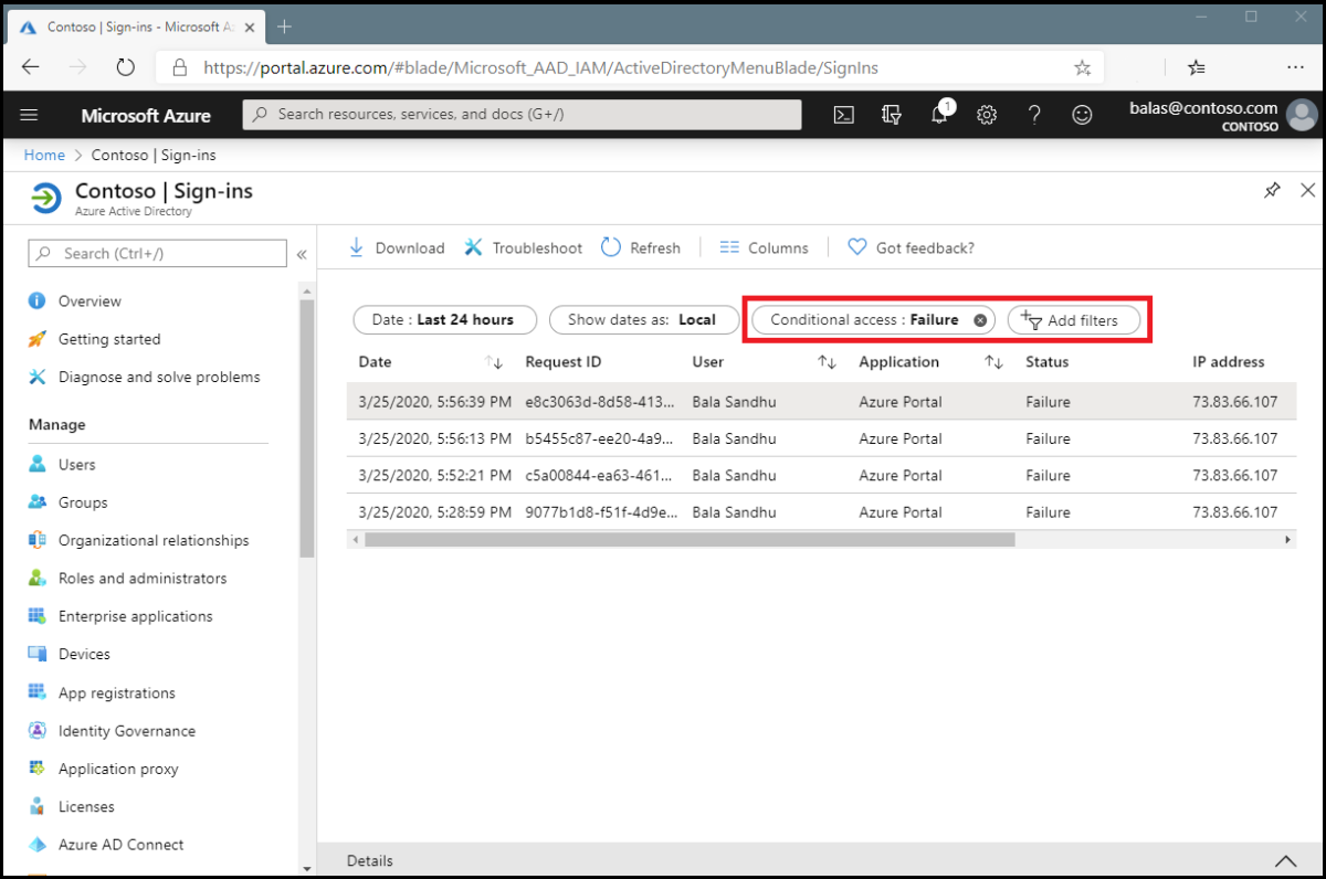 Captura de tela mostrando a seleção do filtro de acesso condicional para o log de entrada.