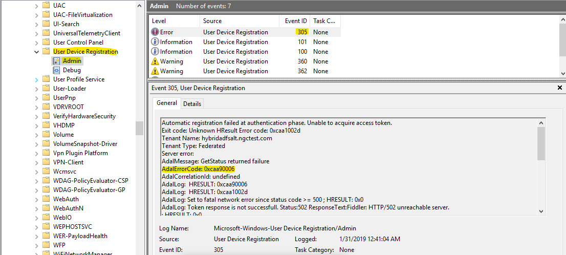 Screenshot of Event Viewer, with event ID 305 selected, its information displayed, and its error code highlighted.