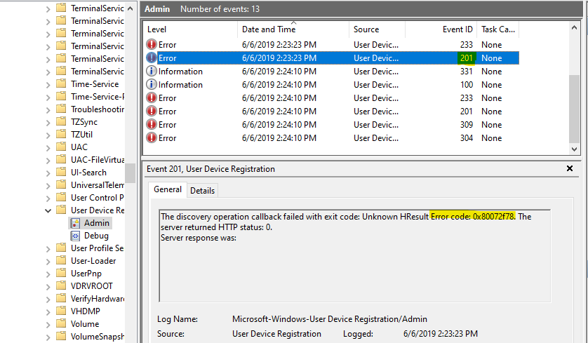 Screenshot of Event Viewer, with event ID 201 selected, its information displayed, and its error code highlighted.