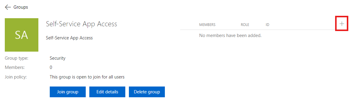 Captura de tela mostrando o símbolo de adição para adicionar membros ao grupo.