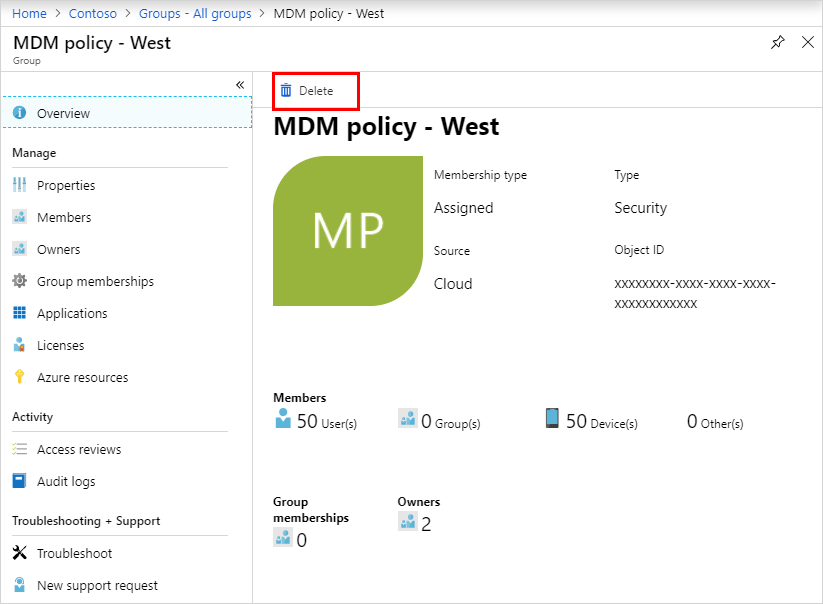 MDM policy – West Overview page with Delete link highlighted