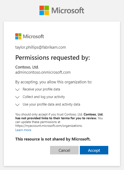 Captura de tela mostrando a caixa Permissões de revisão de colaboração B2B com mensagem.