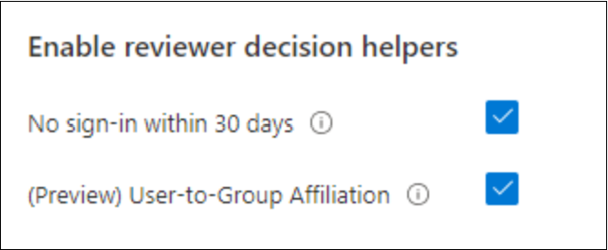 Captura de tela que mostra as opções Habilitar auxiliares de decisão de revisão.