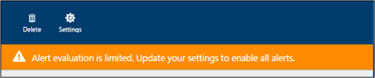 Captura de tela do banner de alerta que diz que a avaliação do alerta é limitada. Atualize suas configurações para habilitar todos os alertas.