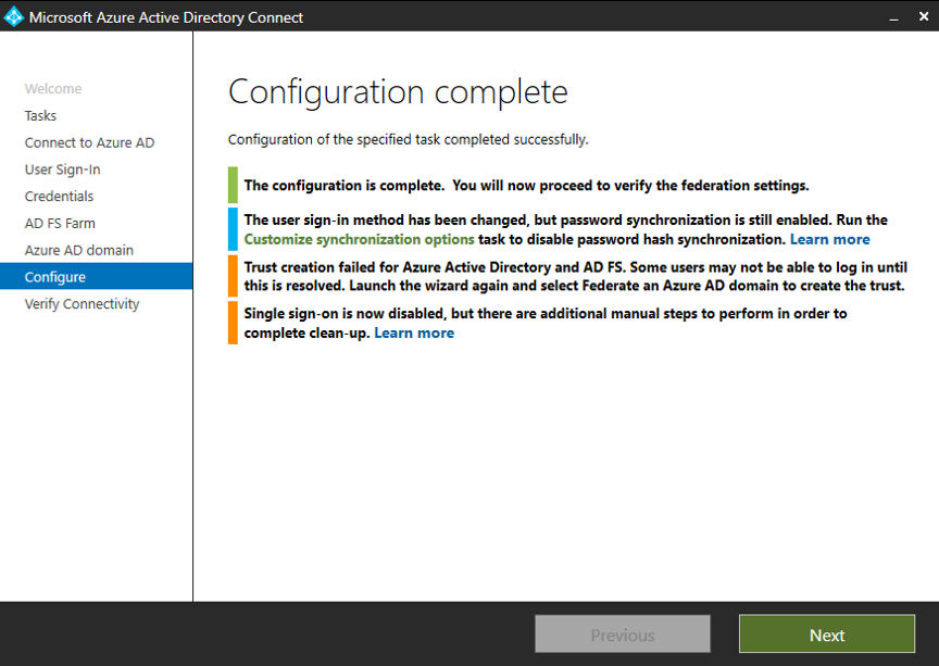 Screenshot that shows the Configuration complete pane.