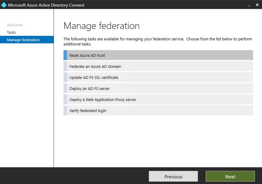 Screenshot that shows the Manage federation pane, with Reset Microsoft Entra ID selected.