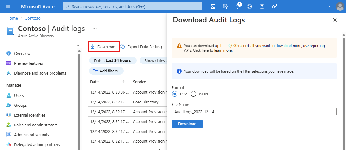 Captura de tela do processo de download do log de auditoria.