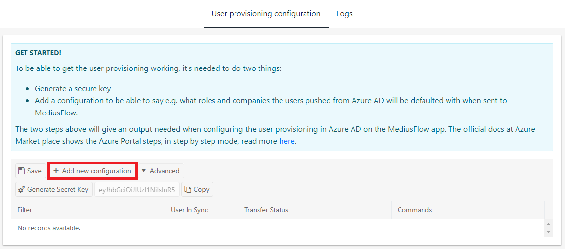 Captura de tela da guia Configuração de provisionamento de usuário no console de administração do MediusFlow. O botão Adicionar nova configuração está realçado.