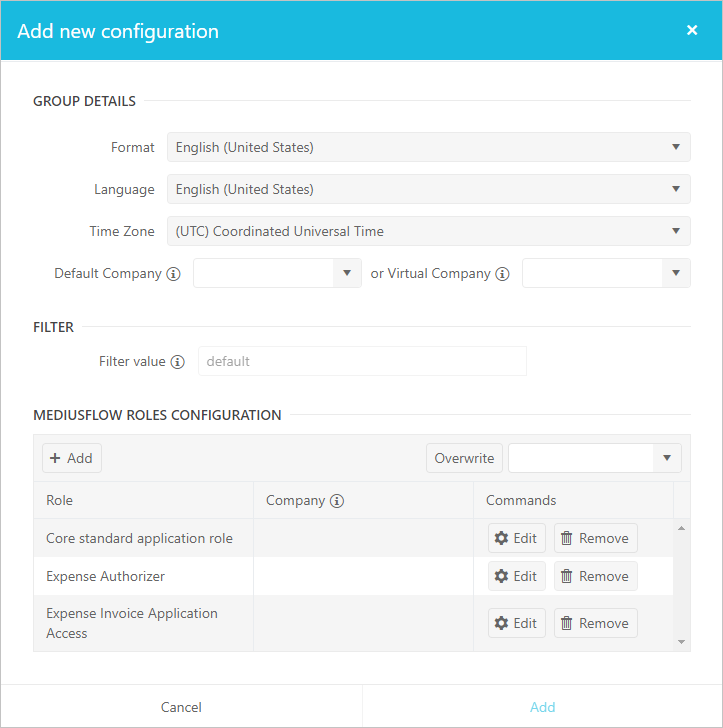 Captura de tela da janela Adicionar nova configuração do MediusFlow. Muitas configurações estão visíveis, incluindo configurações de localidade, um filtro e funções de usuário.