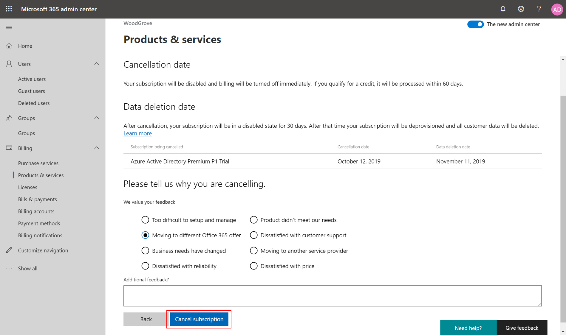 Captura de tela que mostra as opções de feedback e o botão para cancelar uma assinatura.