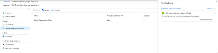 Captura de tela que mostra a lista de produtos de inscrição de autoatendimento e um painel que confirma a exclusão de um produto de inscrição de autoatendimento.