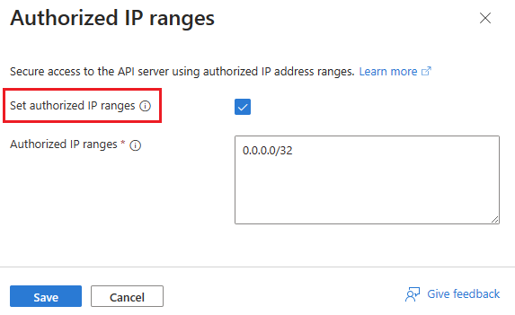 Esta captura de tela mostra a página do portal do Azure desabilitando intervalos de IP autorizados do recurso de cluster.