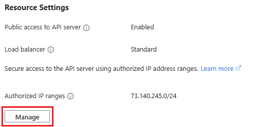 Esta captura de tela mostra as configurações de recurso do recurso de cluster na página do portal de configurações de rede do Azure.