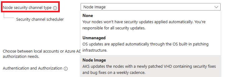 Uma captura de tela do portal do Azure mostrando a opção de tipo de canal de segurança do nó na guia Noções básicas da página de criação do cluster do AKS.