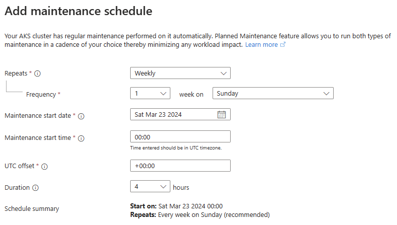 Uma captura de tela do portal do Azure mostrando as opções de configuração de agendamento de manutenção na página Adicionar agendamento de manutenção de um cluster do AKS existente.