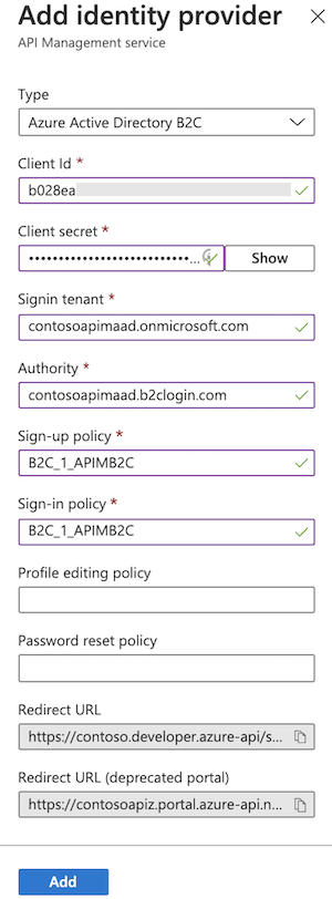 Captura de tela da configuração do provedor de identidade do Active Directory B2C no portal.