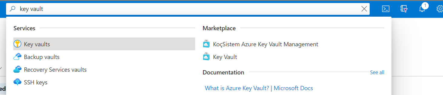 Screenshot that shows how to search for the Key Vault service.