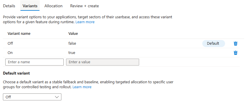 Captura de tela da plataforma do Azure mostrando a guia variantes.