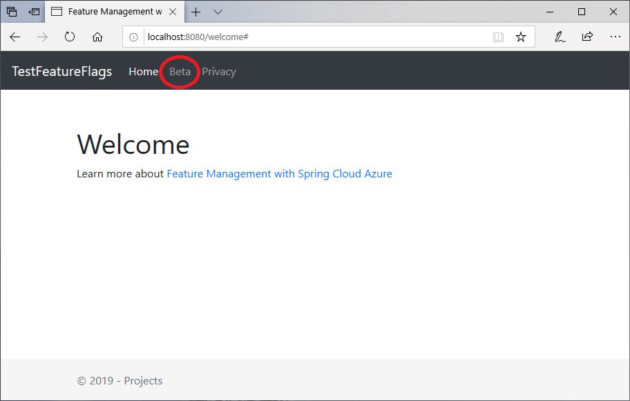 A captura de tela mostra uma janela do navegador com uma mensagem de boas-vindas e um link Beta destacado.