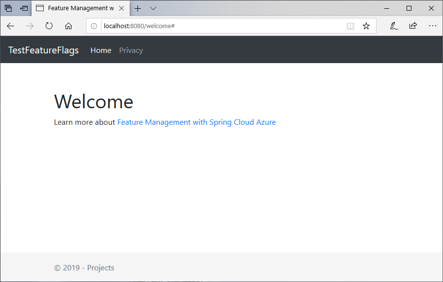 A captura de tela mostra uma janela de navegador com uma mensagem de boas-vindas.