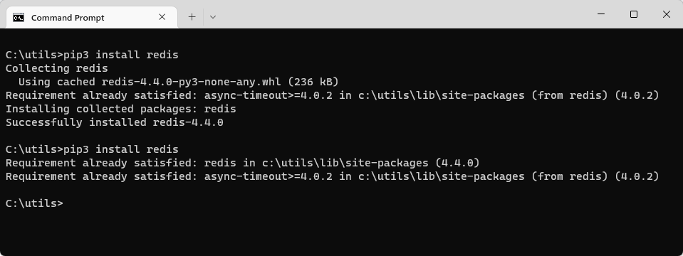 Captura de tela de um terminal mostrando uma instalação da interface redis-py para Cache do Azure para Redis.