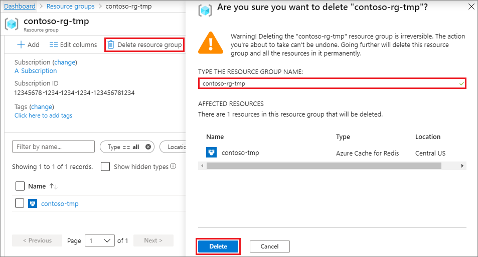 Captura de tela do portal do Azure mostrando como excluir o grupo de recursos para Cache do Azure para Redis.