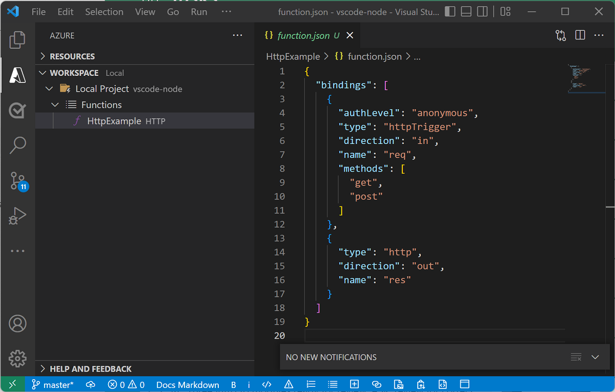 Screenshot for H T T P-triggered function template in Visual Studio Code.
