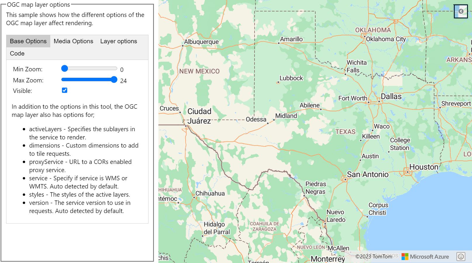Uma captura de tela mostrando um mapa junto com as opções de camada do mapa do OGC.