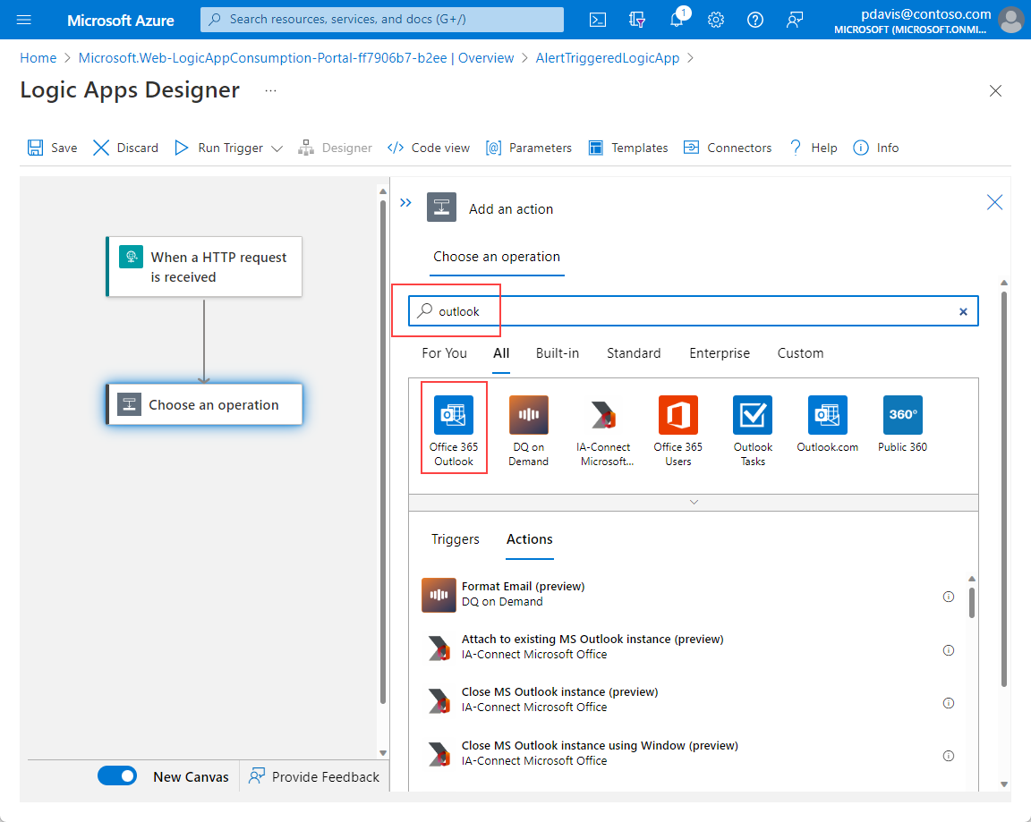 Captura de tela que mostra a página Adicionar uma ação do Designer de Aplicativos Lógicos com o Outlook do Office 365 selecionado.