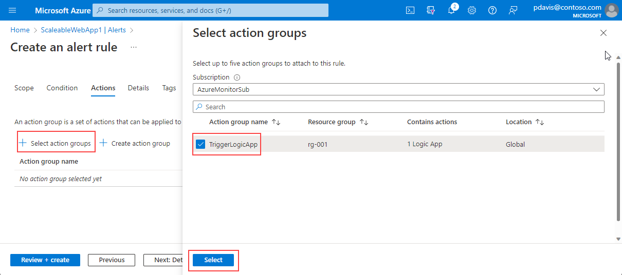 Captura de tela que mostra a guia Ações no painel Criar uma regra de alerta e o painel Selecionar grupos de ações.