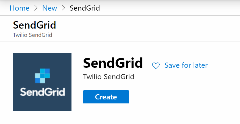Captura de tela que mostra o botão Criar do SendGrid.