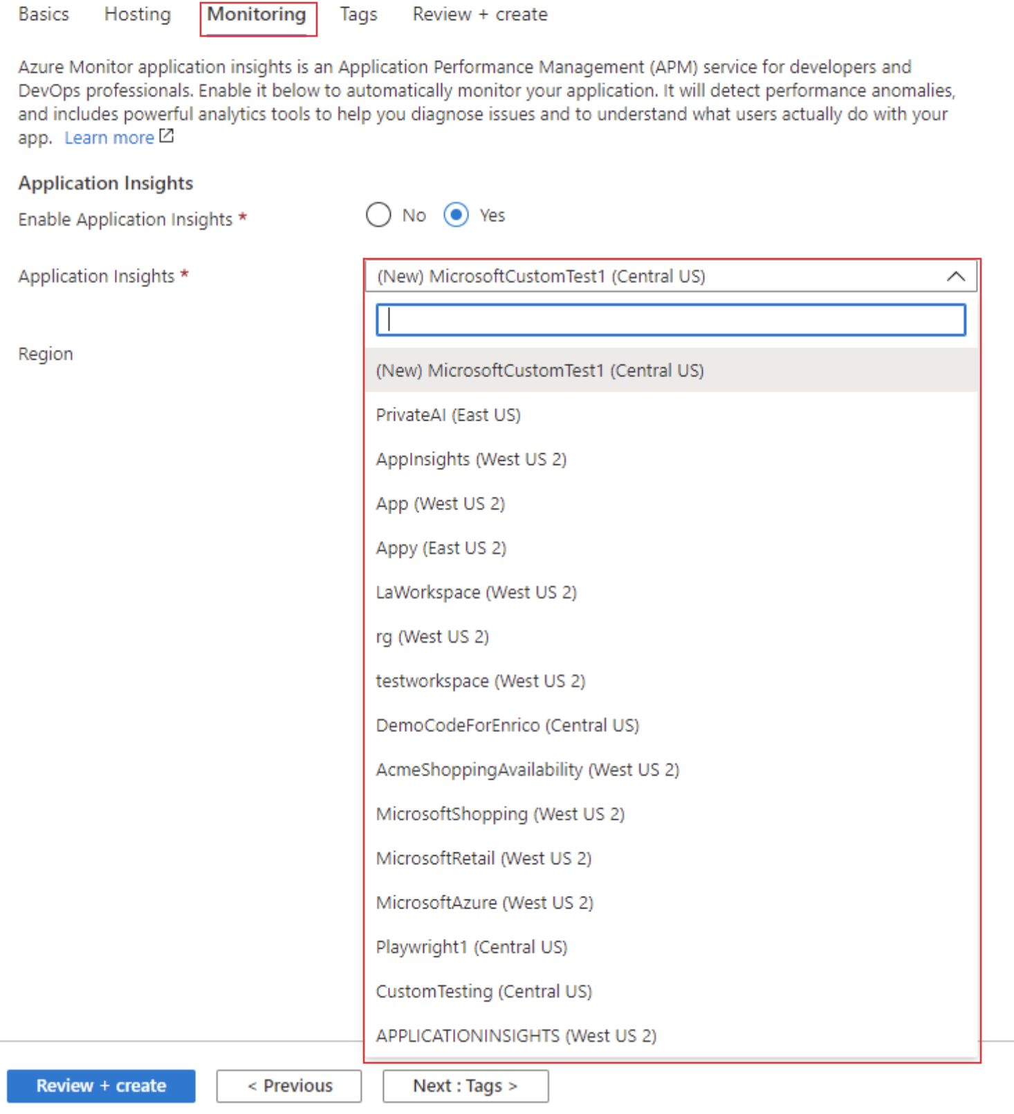 Captura de tela que mostra a seleção do recurso do Application Insights existente na guia Monitoramento.
