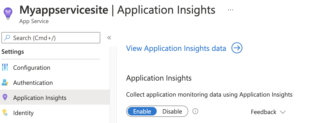 Captura de tela da guia Application Insights com a opção Habilitar selecionada.