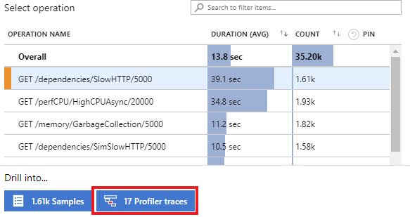 Captura de tela que mostra a seleção da operação e rastreamentos do Profiler para visualizar todos os rastreamentos do Profiler.