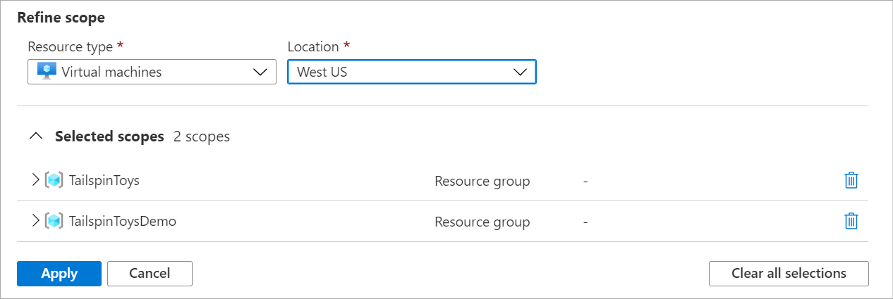Captura de tela que mostra como selecionar grupos de recursos no seletor de escopo de recurso.
