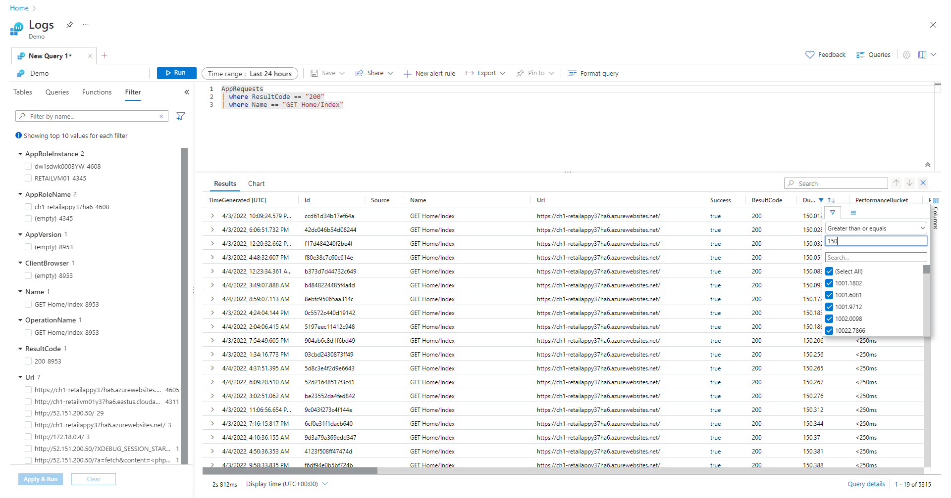 Screenshot that shows a query results filter.
