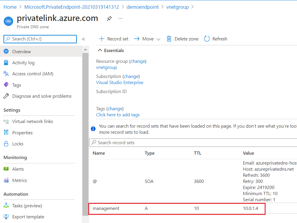 Captura de tela do portal do Azure exibindo o recurso da zona DNS privada com o conjunto de registros denominado 