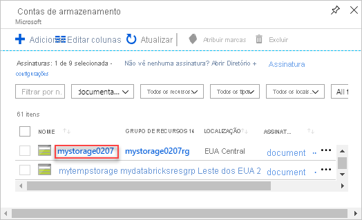 Captura de tela do portal do Azure com destaque para uma conta de armazenamento chamada mystorage0207.